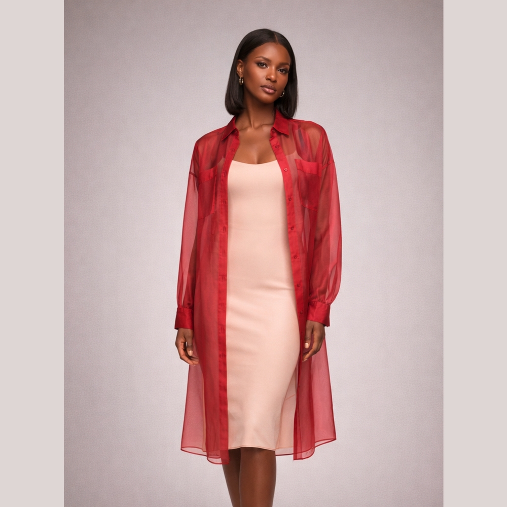 NWT GSTQ‎ Valentine Red Sheer Button-Up Tunic Shirt Dress Portugal S